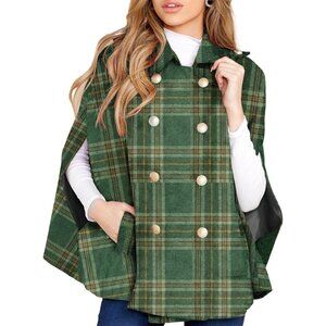 Womens Plaid Jacket Double Breasted Winter Cape Coats Turn Down Poncho with Pock